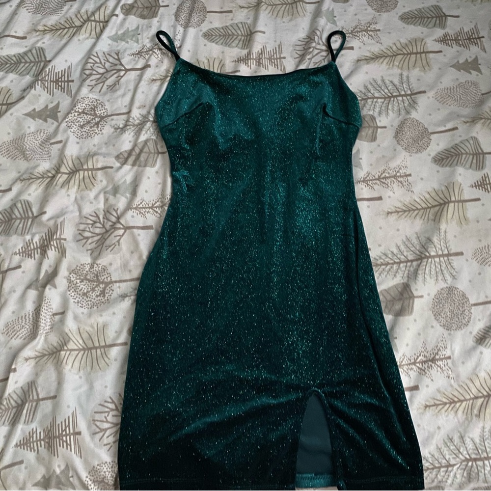 Windsor Emerald Green Glitter Spaghetti Strap Mini Dress - Picture 2 of 2